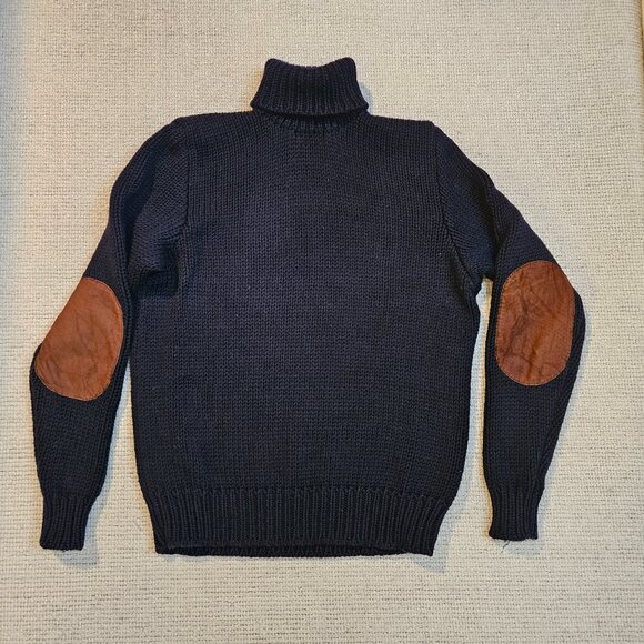 Polo Ralph Lauren Chunky Knit Turtleneck Sweater Navy Blue Large L Elbow Patch - Picture 1 of 6